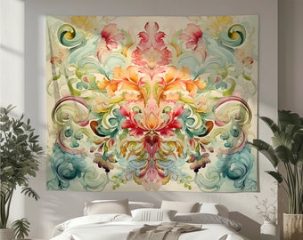 May include: A tapestry featuring a colorful floral design with intricate details. The design is symmetrical and features a central motif of a large flower with swirling leaves and vines. The colors are vibrant and include shades of pink, orange, yellow, green, and blue.