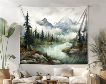 Misty Mountain Lake Wall Tapestry Wilderness Wall Art Pine Trees Wall Hanging Nature Lover Aesthetic Home Decor Bedroom Dorm Room Wall Art