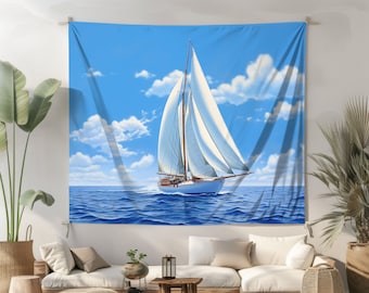 Sail Boat Wall Tapestry Art Ocean Tapestry Blue Sky Aesthetic Nautical Tapestry Sailing Lover Gift Home Decor Living Bedroom Dorm Room Gift