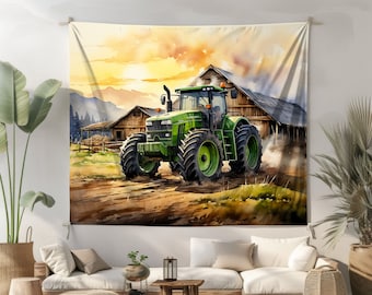 JD Farm Tractor Wall Tapestry Green Tractor Wall Hanging Man Cave Wall Art Watercolor Barn Tapestry Farm Life Home Decor Living Bedroom Dorm