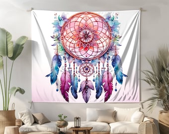 Pink Dreamcatcher Wall Tapestry Native Feather Art Aesthetic Tribal Wall Art Boho Wall Hanging Southwestern Home Decor Living Bedroom Dorm