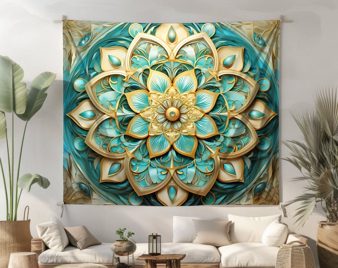 Teal Gold Mandala Wall Tapestry Yoga Studio Wall Hanging Indian Lotus Tapestry Green Aesthetic Meditation Home Decor Living Bedroom Dorm