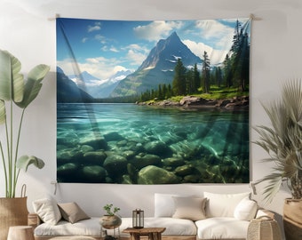 Mountain Lake Wall Tapestry Wilderness Wall Art Pine Trees Wall Hanging Nature Lover Green Tapestry Home Decor Bedroom Dorm Room Wall Art