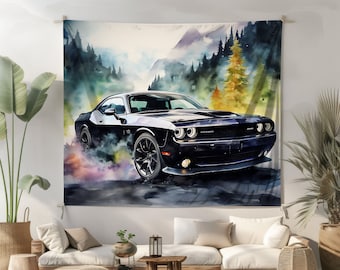Alcohol Ink Dodge Challenger Wall Tapestry Muscle Car Wall Hanging Racing Car Wall Art Sport Car Tapestry Car Home Decor Living Bedroom Dorm