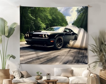 Dodge Challenger Smoke Wall Tapestry Muscle Car Wall Hanging Racing Car Wall Art Sports Car Tapestry Car Home Decor Living Bedroom Dorm