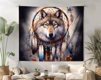 Dreamcatcher Native Wolf Wall Tapestry Art Tribal Aesthetic Native Indian Wall Art Southwest Home Decor Kids Room Living Bedroom Dorm Gift