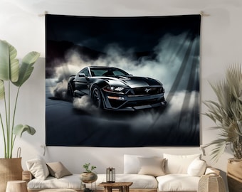 Ford Mustang Wall Tapestry Muscle Car Smoke Wall Hanging Racing Car Wall Art Sports Car Tapestry Car lover Home Decor Living Bedroom Dorm