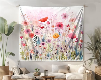 Watercolor Wildflowers Wall Tapestry Summer Wall Art Colorful Floral Fabric Wall Hanging English Garden Landscape Meadow Nature Home Decor