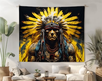 Native Chief Wall Tapestry Tribal Art Aesthetic Indian Warrior Wall Art Native Wall Hanging Southwest Home Decor Living Bedroom Dorm Gift