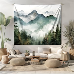 Retro Misty Mountain Wall Tapestry Wilderness Wall Hanging Foggy Pine Trees Wall Art Nature Lover Aesthetic Home Decor Bedroom Dorm Room