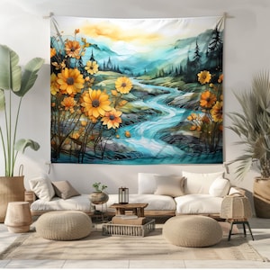 Alcohol Ink Sunflowers Wall Tapestry Summer Wall Art Colorful Floral Fabric Wall Hanging Nature Forest River Landscape Meadow Home Decor Art