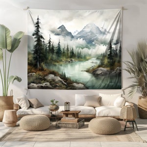 Misty Mountain Lake Wall Tapestry Wilderness Wall Art Pine Trees Wall Hanging Nature Lover Aesthetic Home Decor Bedroom Dorm Room Wall Art