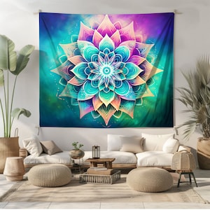 Pastel Color Mandala Wall Tapestry Yoga Studio Wall Hanging Indian Lotus Tapestry Green Aesthetic Meditation Home Decor Living Bedroom Dorm