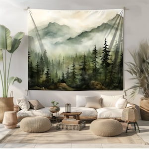 Vintage Misty Mountain Wall Tapestry Wilderness Wall Hanging Foggy Pine Trees Wall Art Nature Lover Aesthetic Home Decor Bedroom Dorm Room