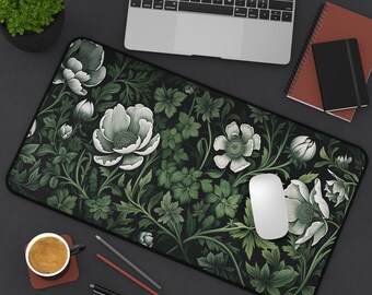 White Floral Desk Mat Botanical Mousepad Green Leafy Vine Design, Perfect Nature Desk Mat for Office Decor, Cute Desk Mat for Work From Home