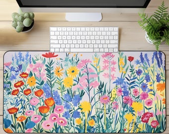 Bunte Blumenfeld-Kunst-Schreibtischunterlage, Blumengarten-Schreibtischunterlage, Wildblumen-Mauspad, Sommerblumen-Schreibtischunterlage, botanisches Mauspad, lebendige Schreibtischdekoration