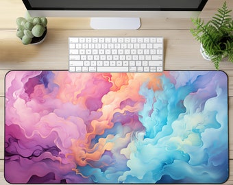 May include: A large, colorful desk mat with a swirling abstract design in shades of pink, blue, and orange. The mat is made of a soft, durable material and is perfect for protecting your desk from scratches and spills.