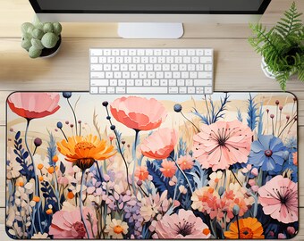 Bunte Blumenfeld-Schreibtischunterlage, Blumengarten-Schreibtischunterlage, Wildblumen-Mauspad, Sommerblumen-Schreibtischunterlage, botanische Kunst-Mauspad, lebendige Schreibtischdekoration