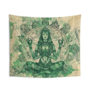 May include: A green and white tapestry featuring a woman meditating in a lotus position. The woman is surrounded by intricate mandala designs and a watercolor background.