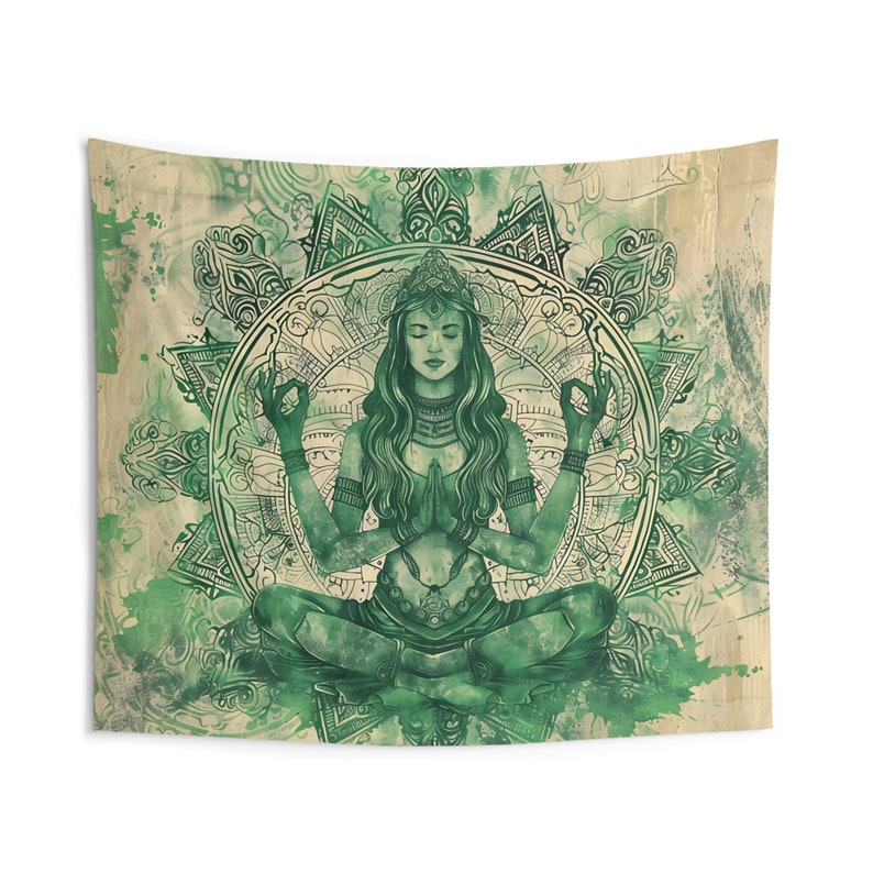 May include: A green and white tapestry featuring a woman meditating in a lotus position. The woman is surrounded by intricate mandala designs and a watercolor background.
