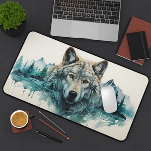 Wolf Desk Mat Nature Mountain Mousepad Green Aesthetic Desk Mat Office Decor Scenic Forest Desk Decor National Park Deskmat Office Gifts