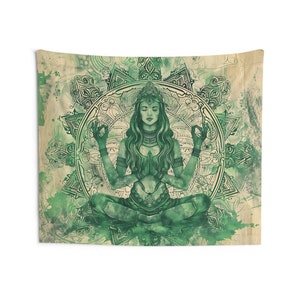 May include: A green and white mandala tapestry featuring a woman in a meditative pose with her eyes closed. The woman is surrounded by intricate floral designs and a circular pattern.