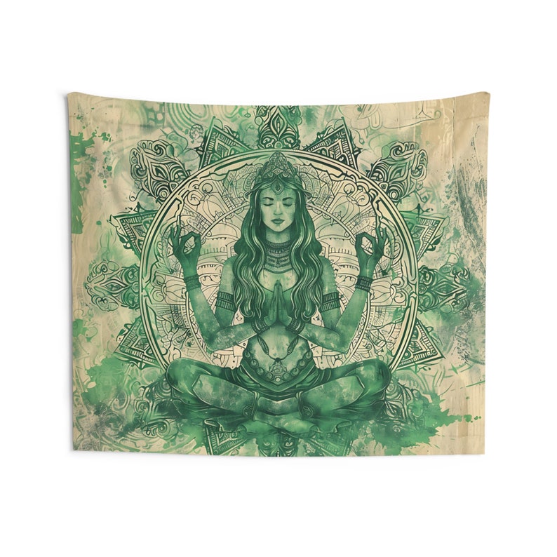 May include: A green and white mandala tapestry featuring a woman in a meditative pose with her eyes closed. The woman is surrounded by intricate floral designs and a circular pattern.