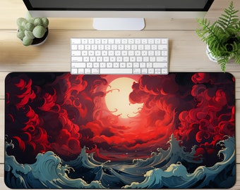 Red Moon Fantasy Schreibtischmatte Wolke Mousepad Kawaii Mauspad Himmel Schreibtischpad Ästhetisches Mousepad Ozeanwellen Niedliche Schreibtischdekoration Bürogeschenke XL XXL