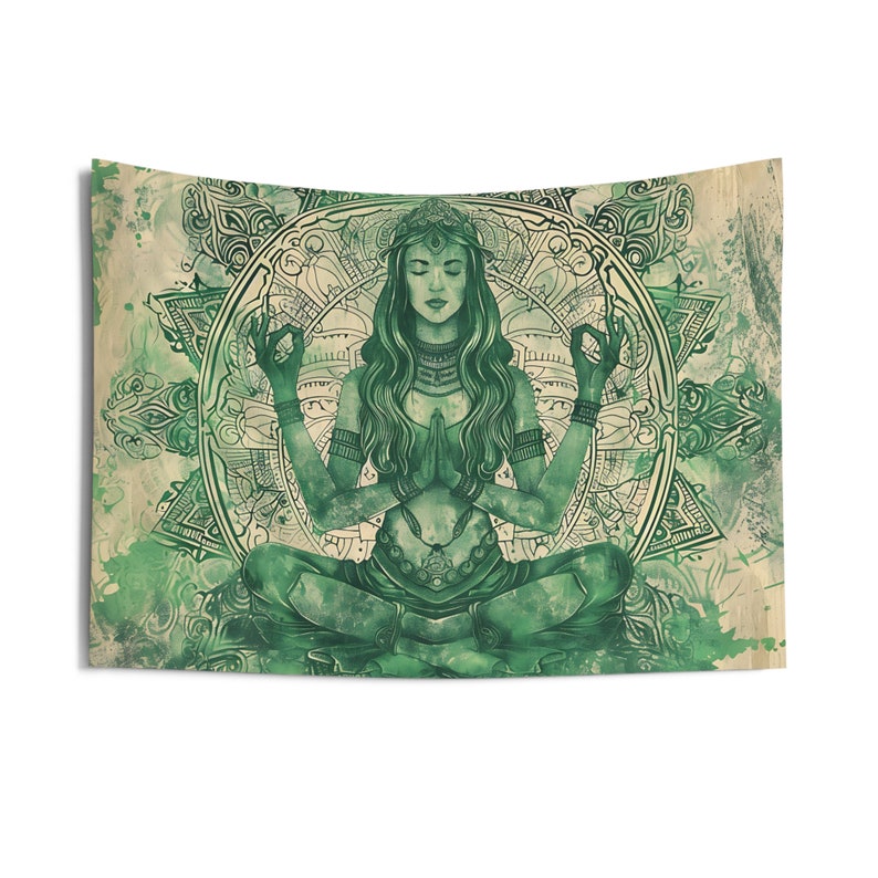 May include: Green tapestry featuring a woman in a meditative pose with her hands in a prayer position. The woman is surrounded by intricate mandala designs and watercolor-like green and beige accents.