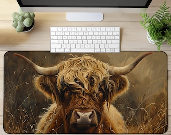 Retro Highland Cow Desk Mat Cow Desk Mat Misty Mountain Mouse Pad Nature Landscape Desk Mat Floral Mousepad Western Aesthetic Desk Decor