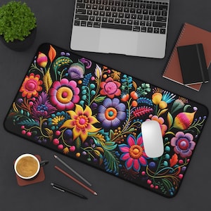 Mexican Floral Embroidery Desk Mat Colorful Flowers Mousepad Perfect Flower Desk Mat for Office Decor, Cute Desk Mat for Work From Home