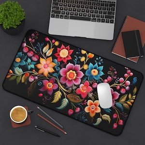 Mexican Floral Embroidery Desk Mat Colorful Flowers Mousepad Perfect Flower Desk Mat for Office Decor, Cute Desk Mat for Work From Home