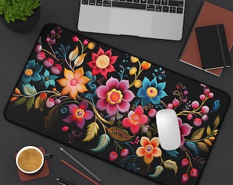 Mexican Floral Embroidery Desk Mat Colorful Flowers Mousepad Perfect Flower Desk Mat for Office Decor, Cute Desk Mat for Work From Home