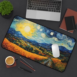 Van Gogh Style Painting Desk Mat, Country Feilds Desk Mat Artistic Desk Mat Extended Mouse Pad, Desk Accessory Decor