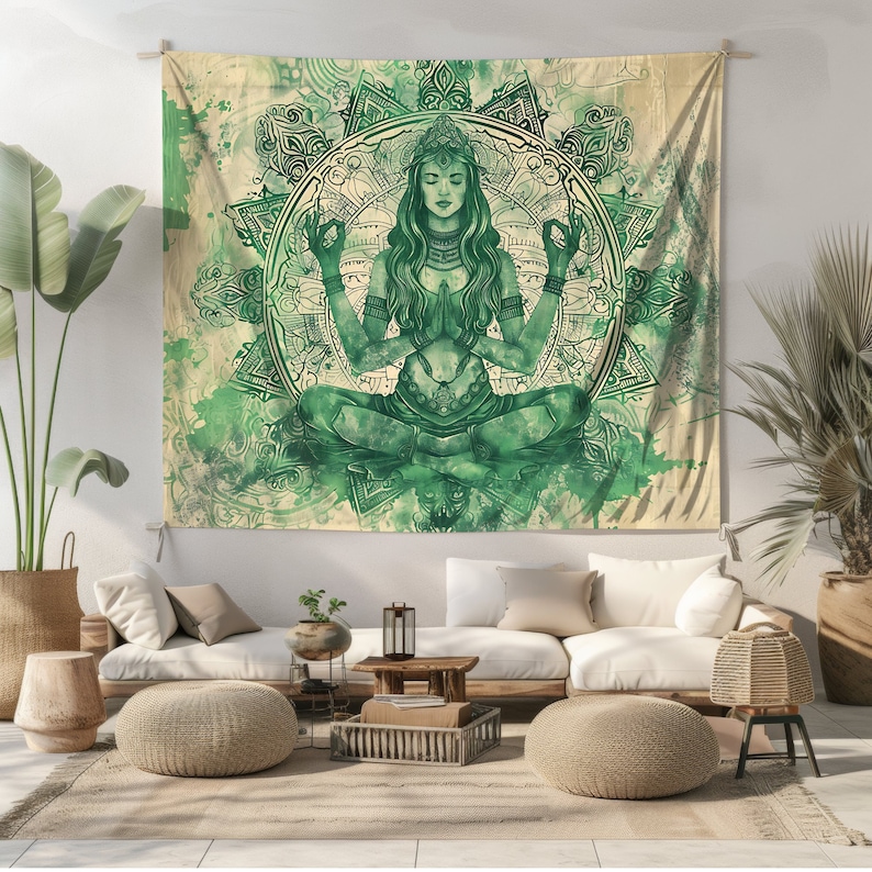 May include: A green and white tapestry featuring a woman meditating in a lotus position. The woman is surrounded by a mandala design with intricate details. The tapestry has a watercolor effect, giving it a soft and ethereal look.