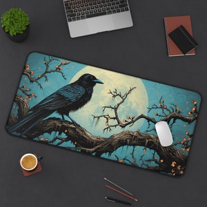 Raven Gothic Moon Desk Mat Dark Academia Library Desk Mat Big Gothic Castle Desk Mat Goth Mouse Pad Goth Deskpad Dark Mousepad Witch Deskmat
