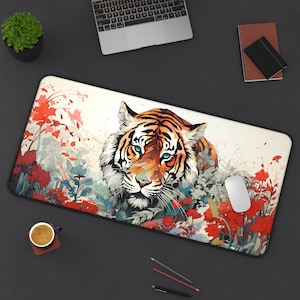Tiger Desk Mat Watercolor Flower Botanical Mousepad Animal Deskmat Extended Desk Mat Gaming Desk Pad Office Desk Decor Gift Big XXL