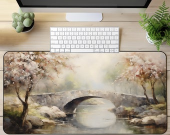 Vintage Brücke Ölgemälde Schreibtischmatte Blumen Mauspad Märchen See Brücke Schreibtischunterlage Natur Mousepad Elegante Schreibtisch Dekor
