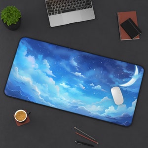 Blue Clouds Desk Mat Kawaii Mouse Pad Sky Desk Pad Cute Desk Decor Moon Crescent Deskmat Office Gifts Night Star Sky Blue Aesthetic Desk Pad