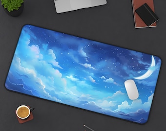 Könnte beinhalten: Eine blaue und weiße Mausmatte mit einem Halbmond- und Sternenmuster. Die Mausmatte zeigt einen Nachthimmel mit Wolken und einem Halbmond.