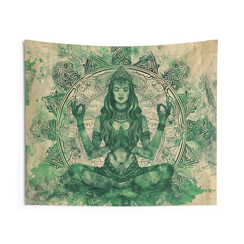 May include: Green tapestry featuring a woman meditating in a lotus position within a circular mandala design. The woman has long flowing hair and is wearing a crown and jewelry. The mandala is intricate and detailed, with a watercolor effect.