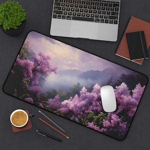 Purple Flowers Scenery Desk Mat Pastel Floral Office Decor Botanical Desk Mat Purple Aesthetic Workspace Accessory