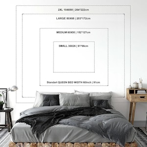 May include: A diagram showing the different sizes of a bedspread, including 2XL, Large, Medium, Small, and a standard queen bed width. The measurements are given in inches and centimeters.