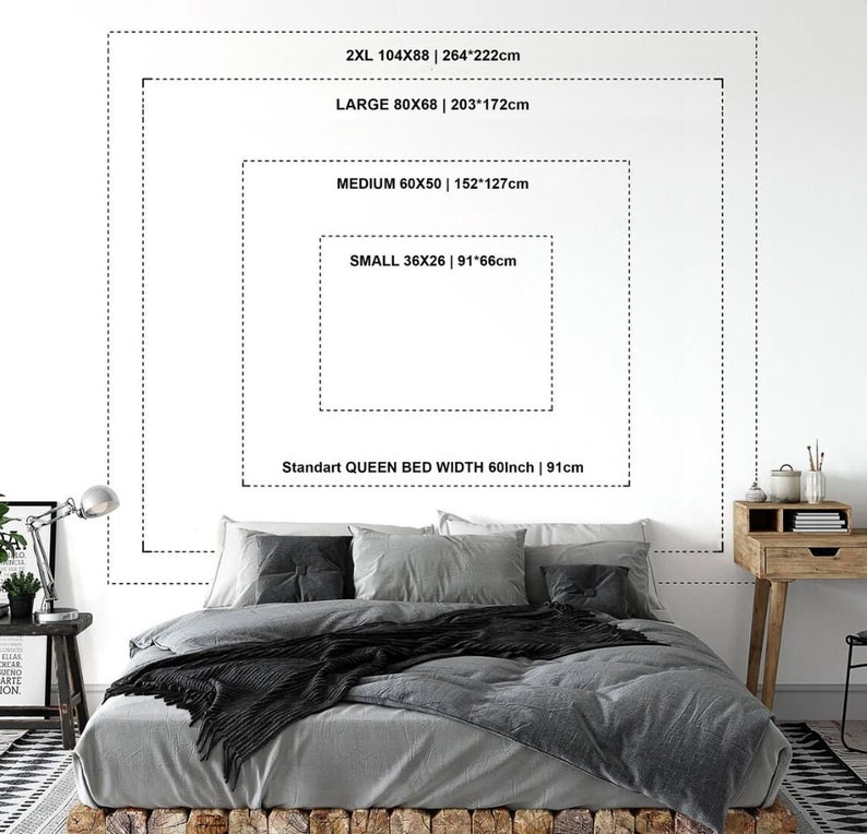 May include: A diagram showing the different sizes of a bedspread, including 2XL, Large, Medium, Small, and a standard queen bed width. The measurements are given in inches and centimeters.