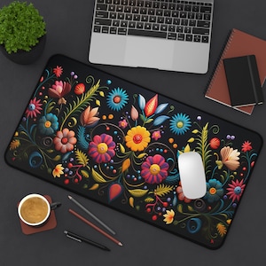 Mexican Floral Embroidery Desk Mat Colorful Flowers Mousepad Perfect Flower Desk Mat for Office Decor, Cute Desk Mat for Work From Home