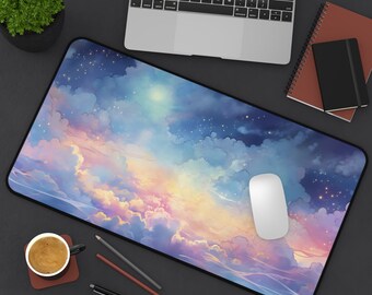 May include: A blue and pink mouse pad with a colorful sky and clouds design. The mouse pad has a black border and is made of a soft, smooth material.