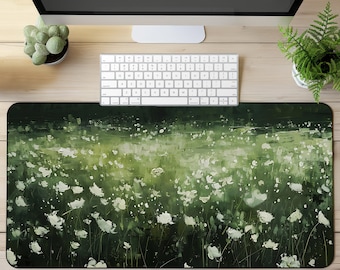 Vintage Geen Flower Field Desk Mat Floral Desk Mat Wild Flower Mouse Pad Sage Green Desk Pad Green Botanical Mousepad Elegant Desk Decor