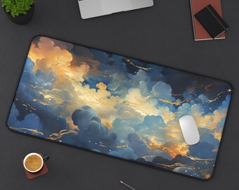 Golden Blue Clouds Desk Mat Kawaii Mouse Pad Sky Desk Pad Moon Desk Decor Puffy Clouds Mousepad Office Gifts Blue Gold Aesthetic Desk Pad