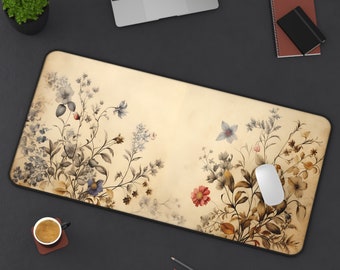 Retropressad skrivbordsmatta med vildblommor, Cottagecore-matta, beige musmatta, vintage skrivbordsmatta, blommig musmatta, beige skrivbordsmatta, naturskrivbordsdekoration