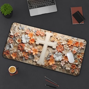 Cross Floral Desk Mat Cross Mousepad Faith Desk Mat Religious Gaming Mouse Pad Christian Deskpad Flower Decor Office Desk Decor Gift Big XXL